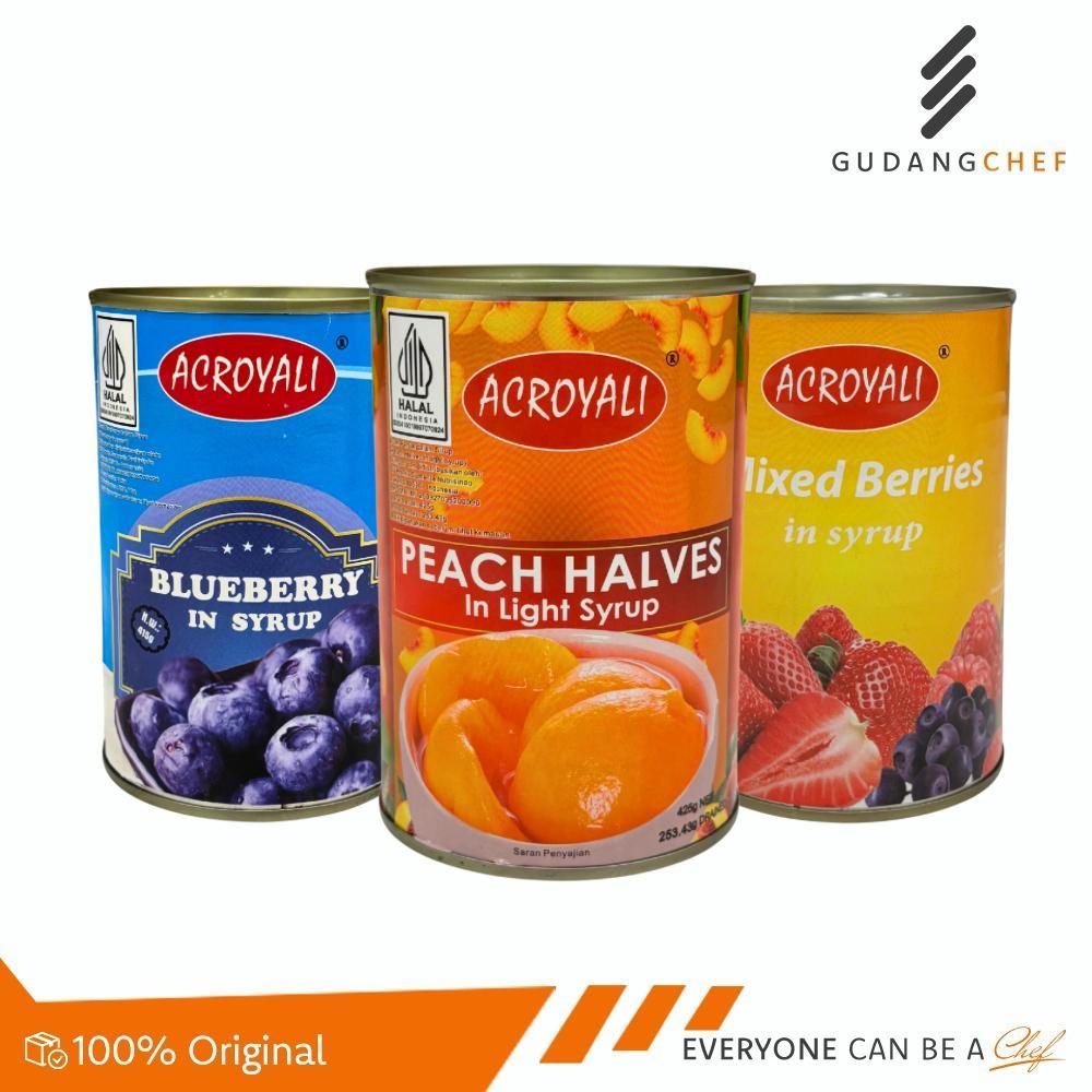

Acroyali Buah PEACH IN SYRUP , BLUBERRY IN SYRUP , MIX BERRY IN SYRUP 425gr HALAL