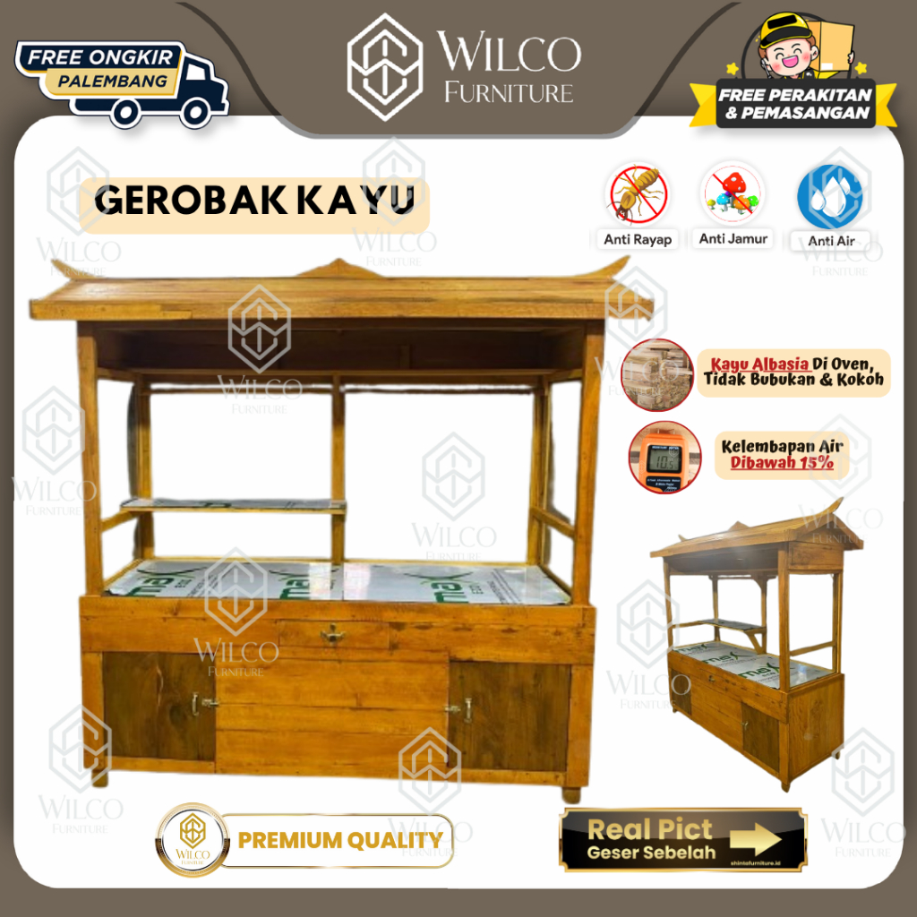 Gerobak Kayu Sengon Booth 4 Makanan | Stand Makanan Dan Minuman Kayu Albasiah Finishing Jati Bakar |