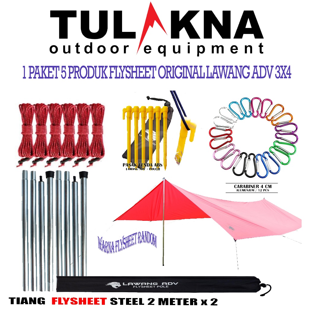 Paket original lawang flysheet 3x4+tiang 4m+tali flysheet+carabiner dan pasak HBS 6pcs