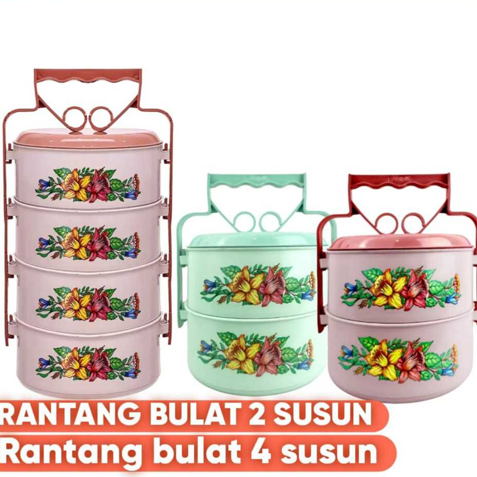 Rantang Bulat Plastik 4 Susun Motif Bunga / Lunch Box Plastik Wadah Bekal Makanan