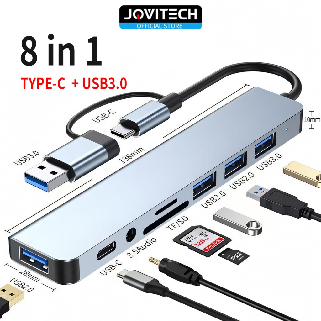 Jovitech DS08 Converter 8 in 1 Dual Connector Type C Hub Adapter Multi USB HUB Type-C to USB HUB 3.0