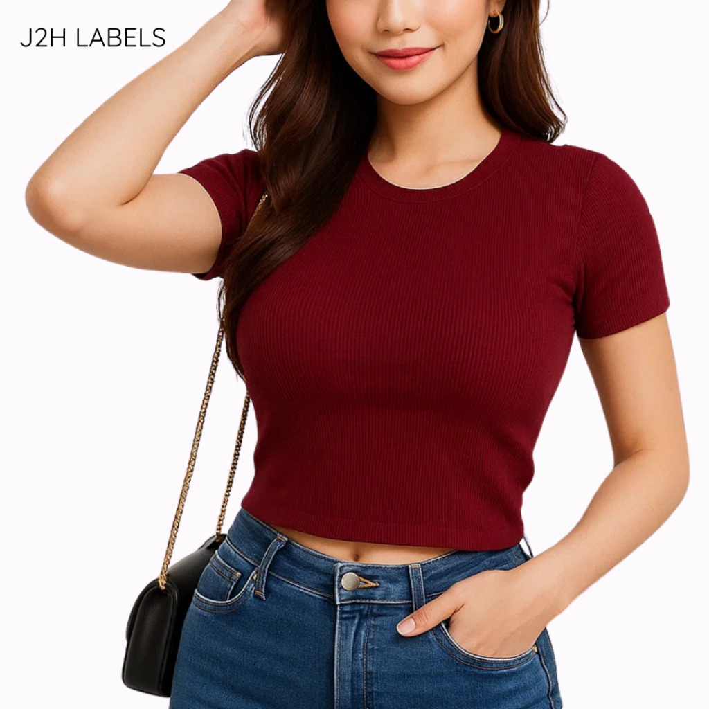 J2H LABELS Jennie Crop Top Crew Neck Baju Crop Top Wanita Baju Pendek Atasan Knit Wanita Polos