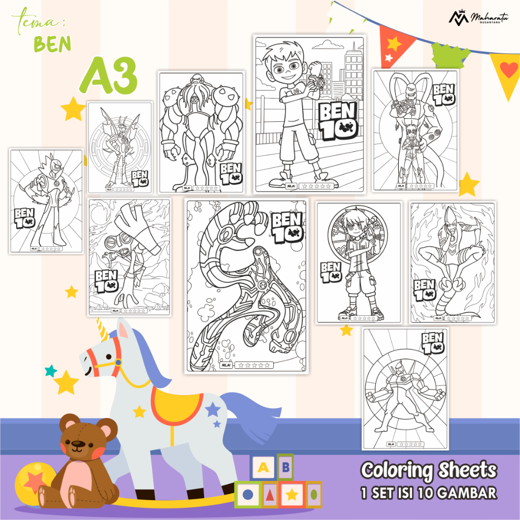 

[BEN] LEMBAR MEWARNAI ANAK - KERTAS GAMBAR UKURAN A3 SATU SET - COLORING SHEETS READY STOCK