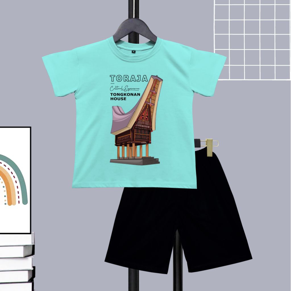 KAOS SETELAN OBLONG ANAK ANAK MOTIF RUMAH TORAJA SABLON DTF