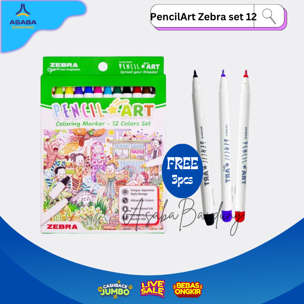 

Asaba Bandung - Zebra PencilArt - Water based marker - alat tulis - spidol warna - isi 12 pcs