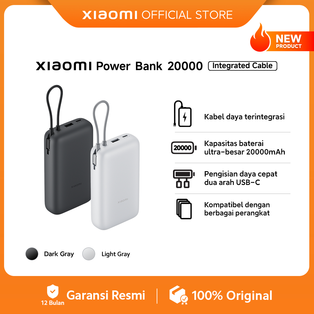 Xiaomi Power Bank 20000mAh (Integrated Cable) | Kabel daya terintegrasi | Kapasitas baterai ultra-besar 20000mAh | Pengisian daya cepat dua arah USB-C | Kompatibel dengan berbagai perangkat [Official Store]