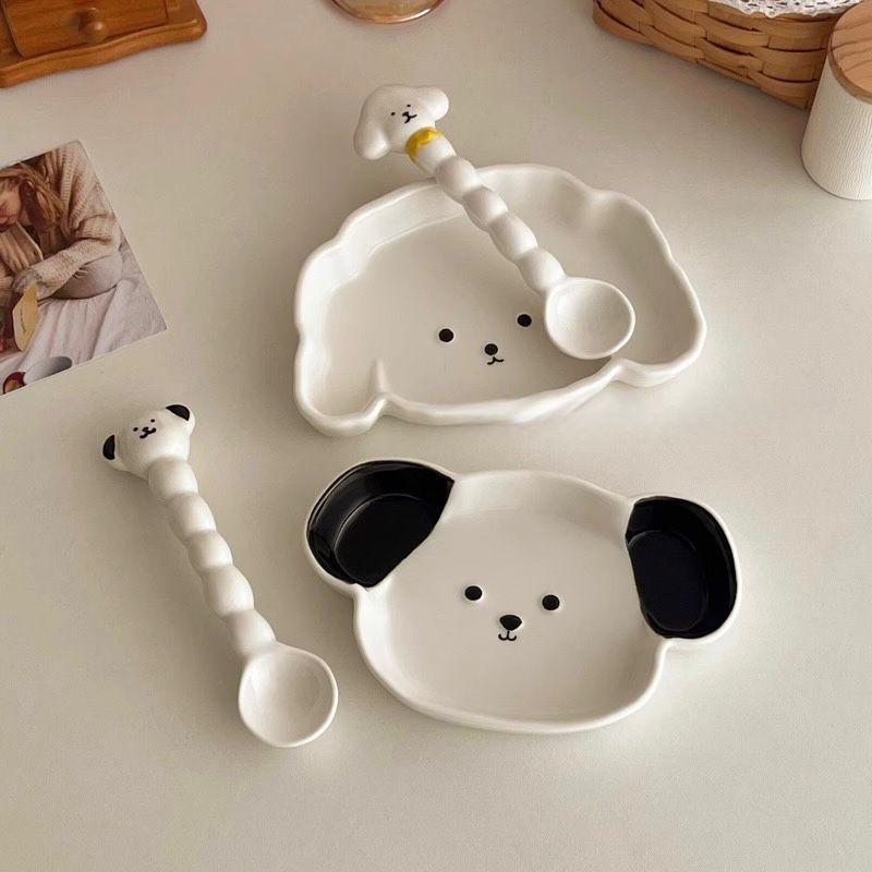Puppy Plate Set + Spoon / Set Piring Lucu Piring Aesthetic Korea Homedecor Piring Anak Keramik