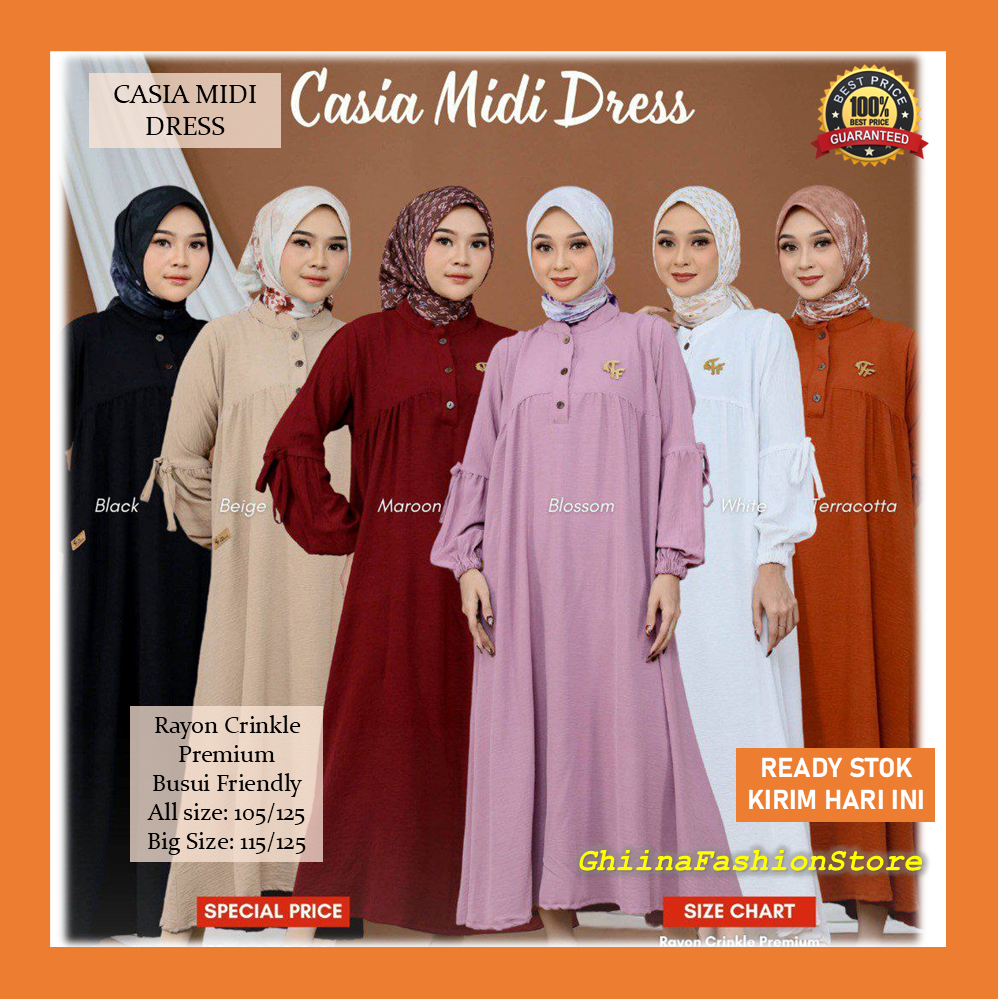 Casia Midi Dress - Fee Fashion - Matt Crinkle Premium - Midi Dress Terbaru Busui Friendly