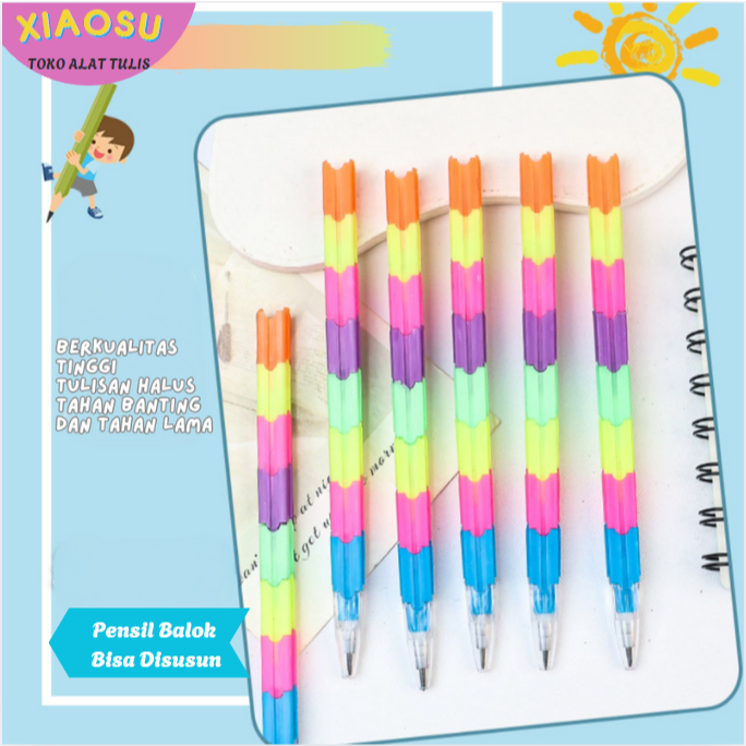 

XIAOSU Pensil Balok Susun Pensil 12 Pcs Pensil Mainan Blok Pensil Susun Warna Pelangi Alat Tulis Sekolah Untuk Anak-Anak- Stationery