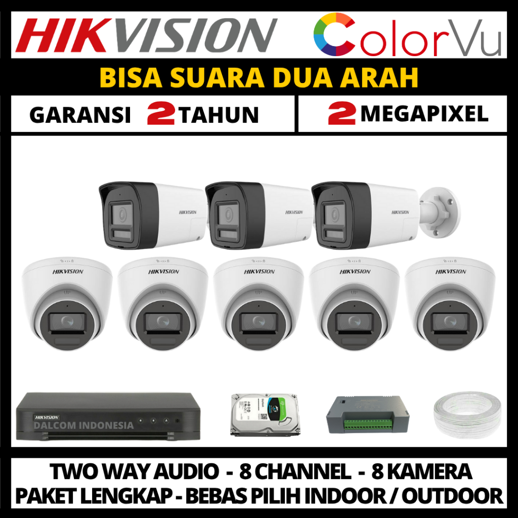 Paket cctv hikvision colorvu 2mp 8 channel 8 kamera two way audio paket cctv lengkap