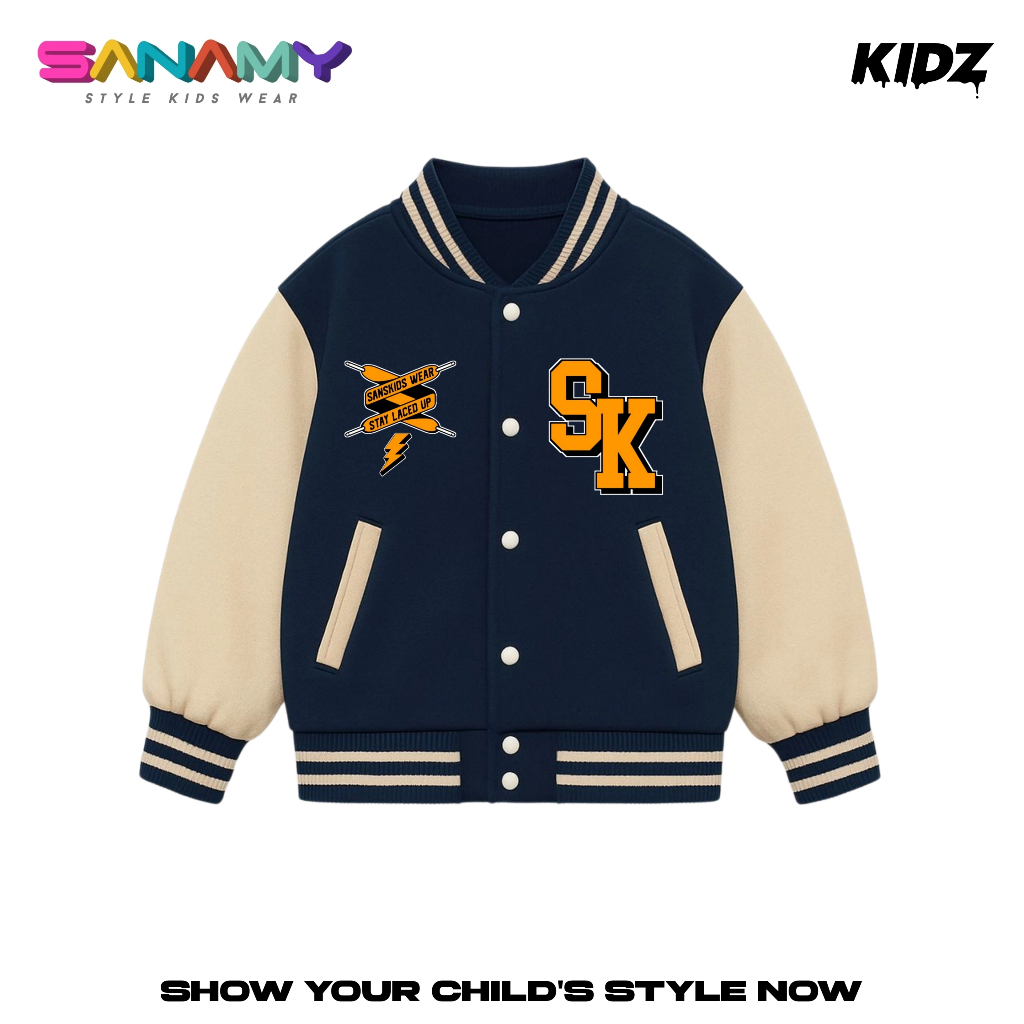 Sanamy Varsity Jaket Baseball Anak Laki Laki an Perempuan Stay Laced Usia 9-12 tahun Initial SK