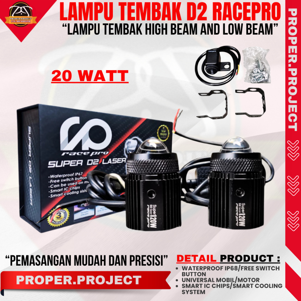 LAMPU TEMBAK RACEPRO LAMPU D2 LASER 20W LAMPU D2 PRO LASER 2 WARNA PUTIH KUNING LAMPU BILLED 2,5 INC