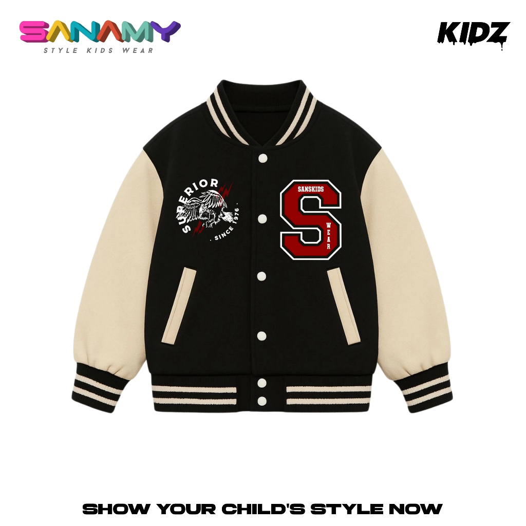 Sanamy Varsity Jaket Baseball Anak Laki Laki Dan Perempuan Superior Usia 5-12 tahun Initial S