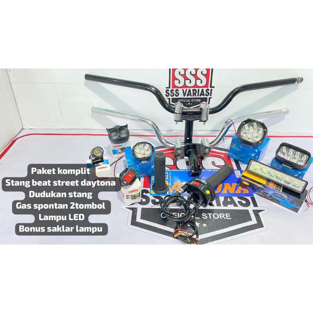 Paket komplit stang model beat street daytona+dudukan stang+Gas spontan 2tombol+lampu LED+Bonus sakl