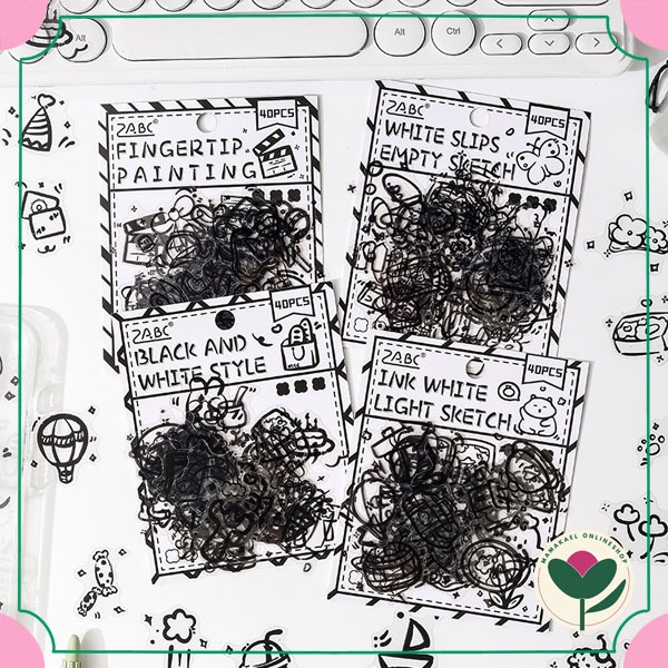 

1 set isi 40 pcs black tone sketch sticker cute aesthetic journaling scrapbook lucu deco sticker monochrome hitam putih MK1978