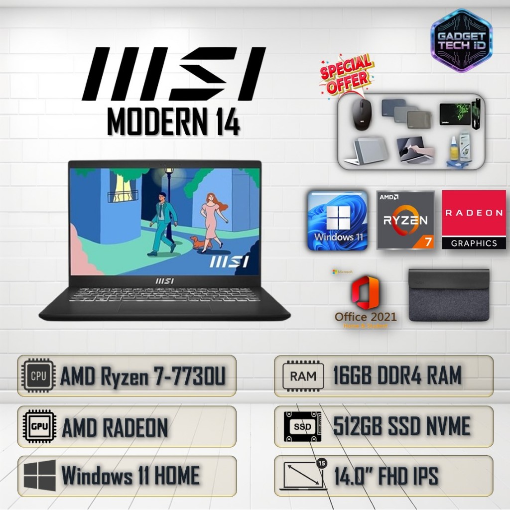 MSI Modern 14 Ryzen 7 7730U 16GB 512GB Windows 11 + OHS 14.0FHD IPS