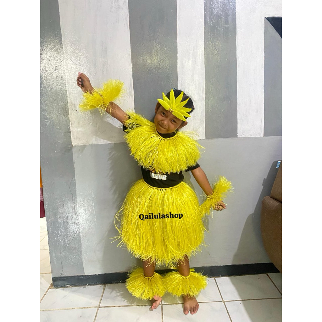 Rok Rumbai Tali Rafia Rok Tari Karnaval Sepaket Tangan dan Kaki + kalung + bandana Anak dan Dewasa