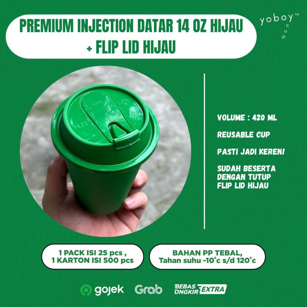 INJECTION PREMIUM CUP 14oz GREEN + FLIP LID HIJAU