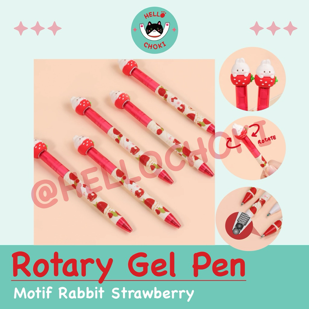 

HELLOCHOKI - Strawberry Rabbit Rotary Gel Pen / Pulpen Putar Kelinci Stroberi