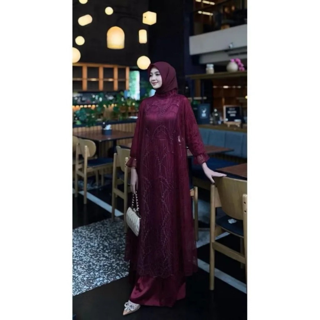 Kinar Dress Lebaran 2025 Warna Burgandy Gamis Burkat Tille Dress Pesta Kondangan Simple Mewah Elegan
