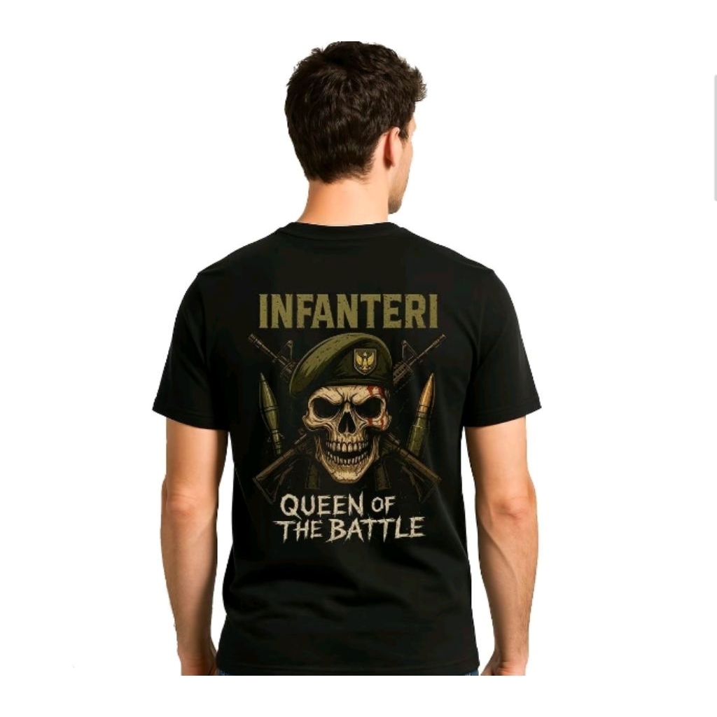 KAOS HITAM TNI INFANTERI  QUEEN  OF THE BATTLE- Baju Unisex Keren Bahan Adem & Nyaman