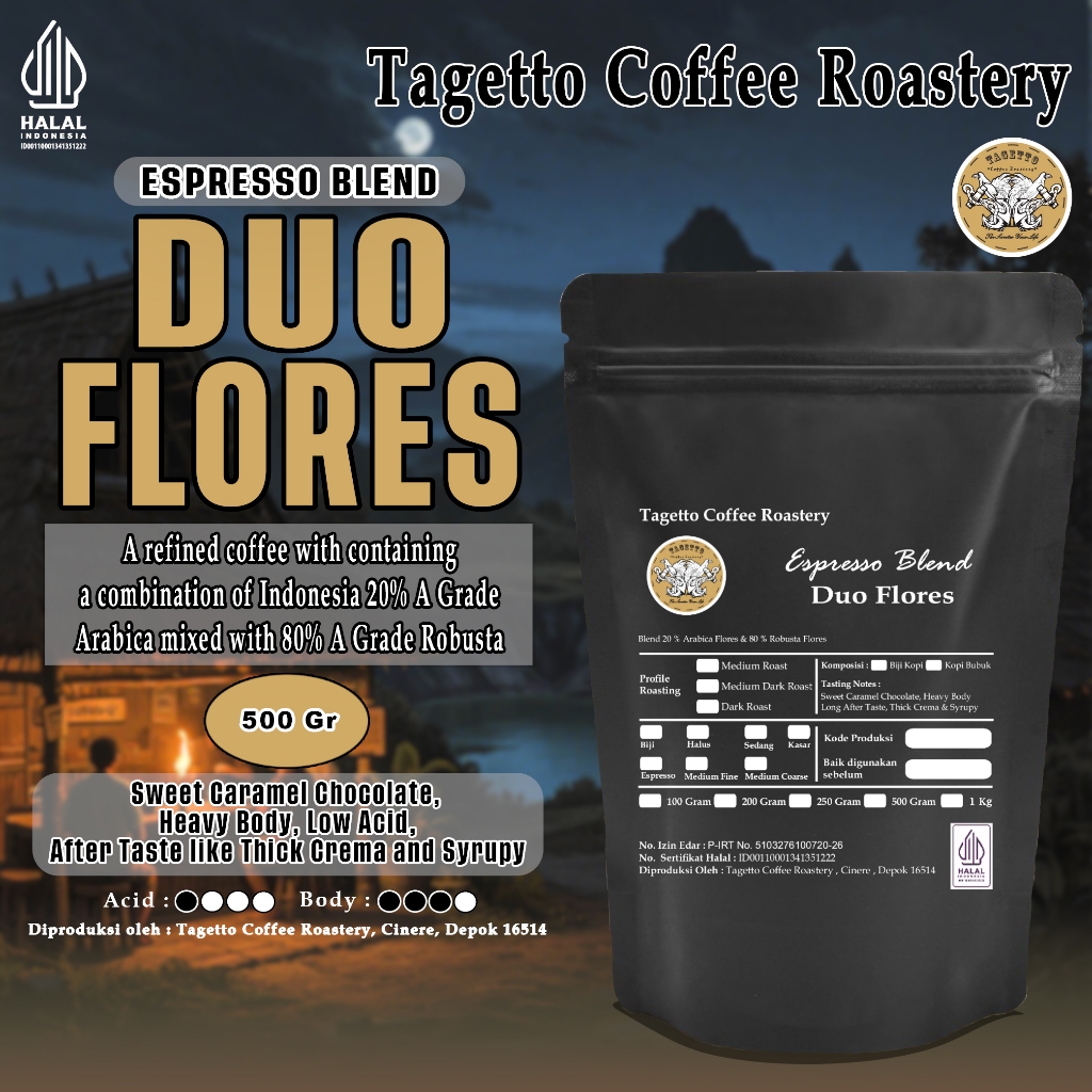 

BIJI KOPI ESPRESSO DUO FLORES 500GR | ARABIKA ROBUSTA BLEND | BEAN GROUND BUBUK 500 GRAM TAGETTO COFFEE