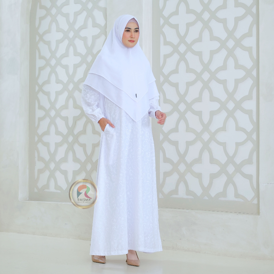 Raisma Gamis Ihrom umroh Hajj putih hitam syari set jilbab bahan catoon bordir shalima