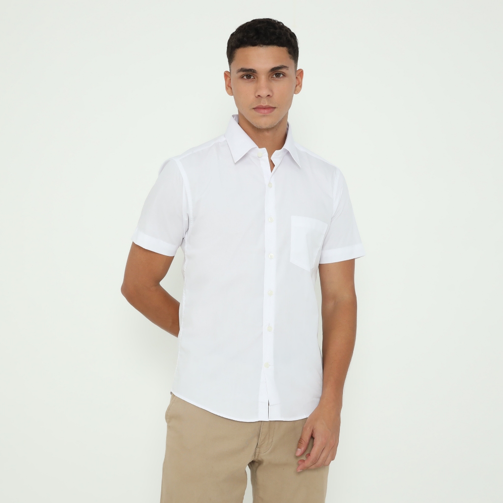 POSTILLO Kemeja Formal Lengan Pendek Polos Basic Warna Putih Dewasa Slim Fit Casual Kerja Kantor Gro