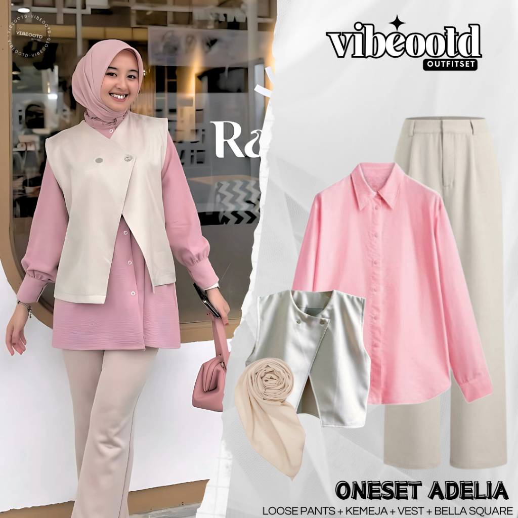 Adelia Outfit Set Wanita Hijab ( Celana Kulot + Kemeja + Vest Kimmy + Hijab ) Setelan Hangout Simple
