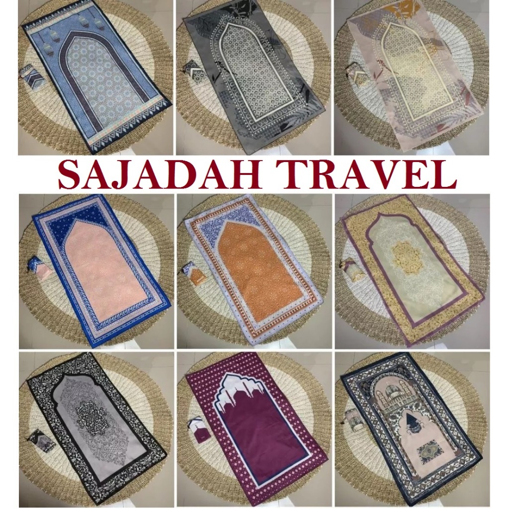sajadah travel jumbo ukuran 60cm x 105cm sejadah traveling free Pouch praktis souvenir umroh dan haj