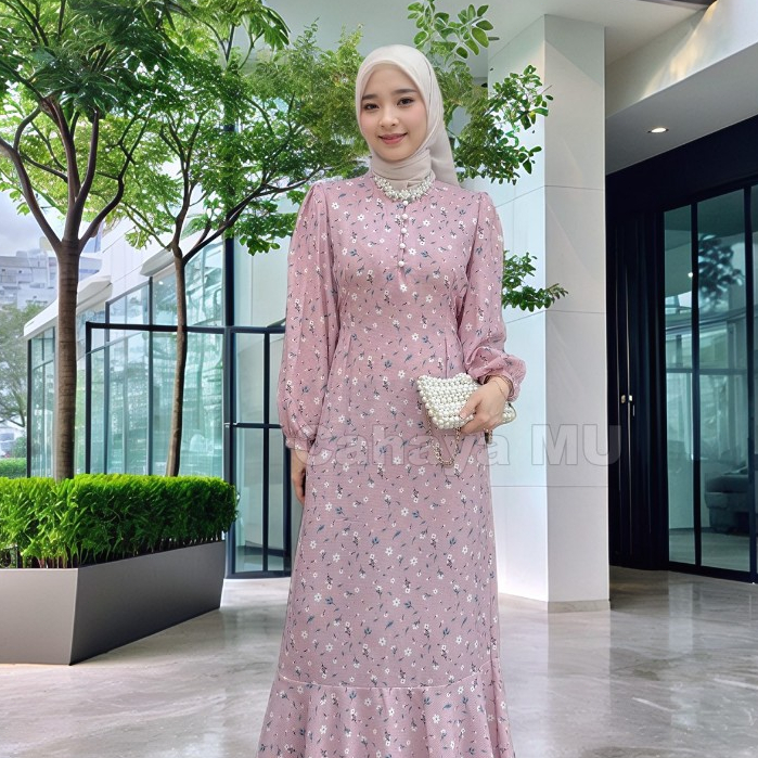 Gamis Floral Korean Fishtail Kekinian /Midi Dress Bunga Wanita Korean Style