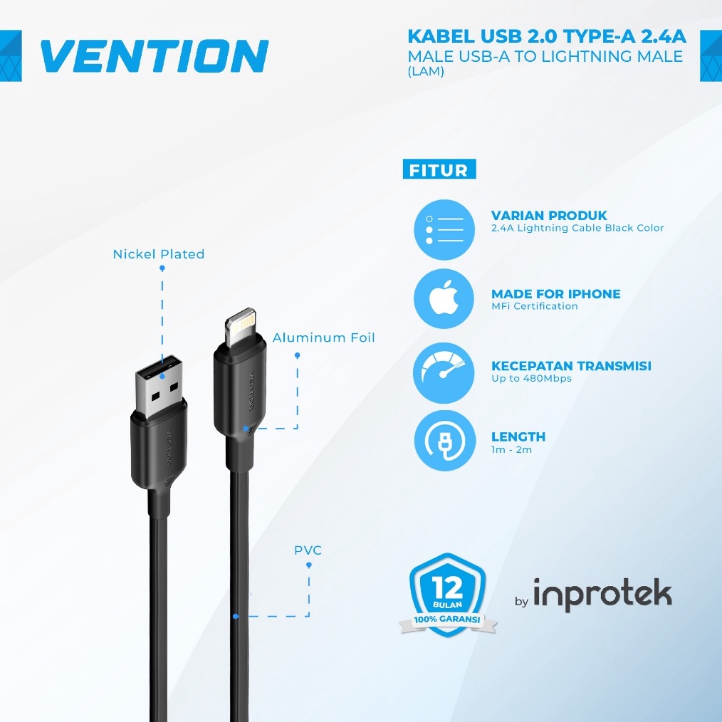 KODE Y63I Vention Kabel Data USB to Lightning Fast Charging iPhone USB Lightning Cable