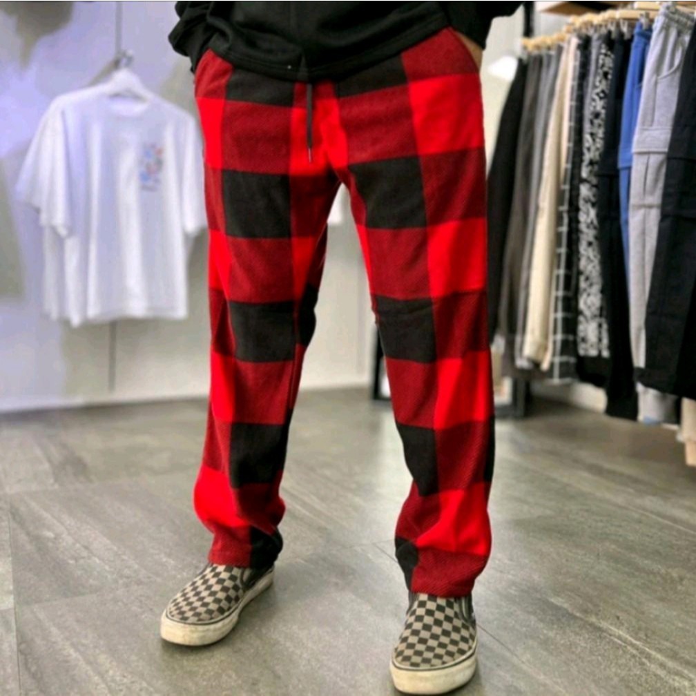 Celana Tartan Merah Flanel Fleece Pria dan Wanita Motif Kotak Plaid