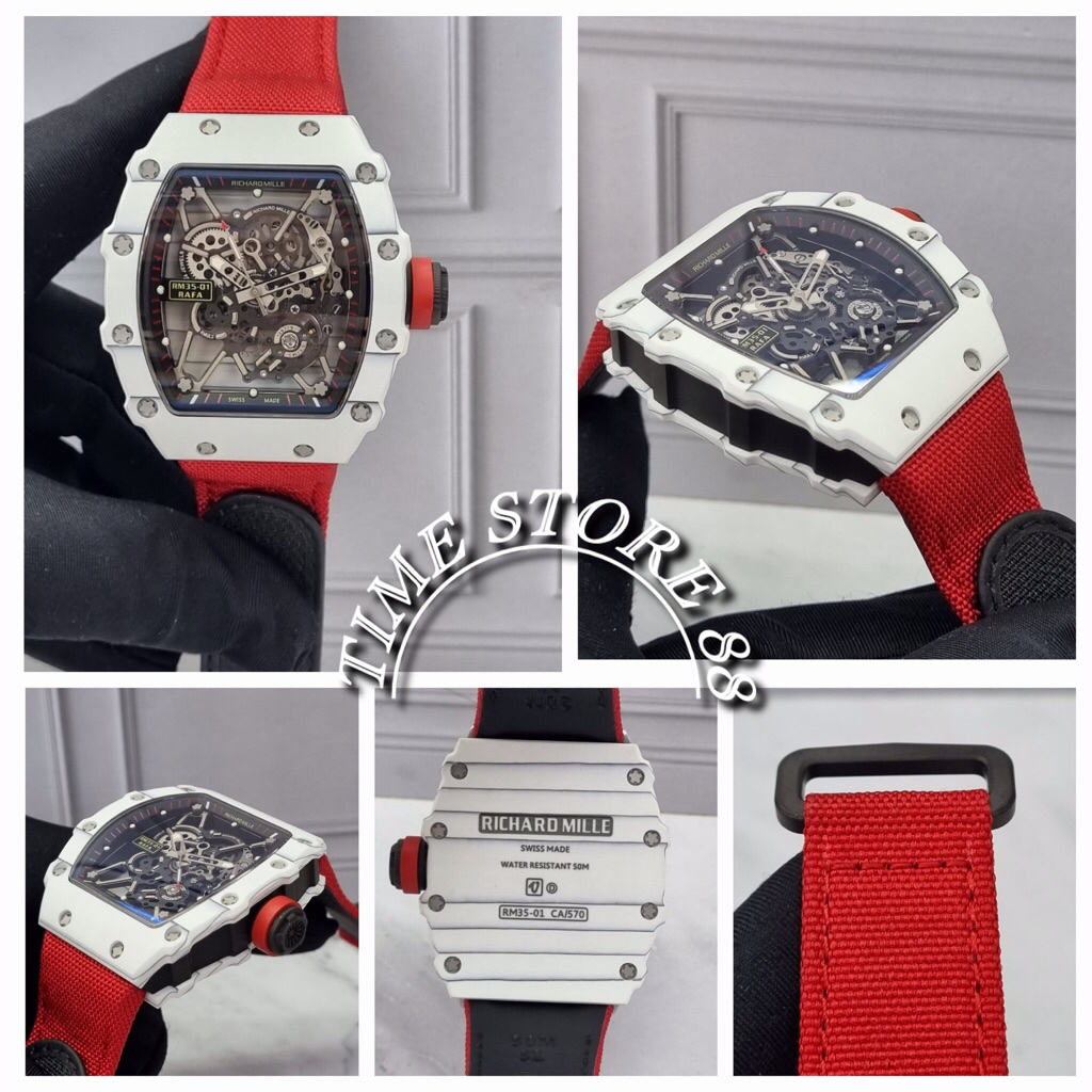 RM35-01 Tourbillon Automatic Swiss Manual Winding Body Carbon Red Canvas Strap 42mm Free Box Kayu