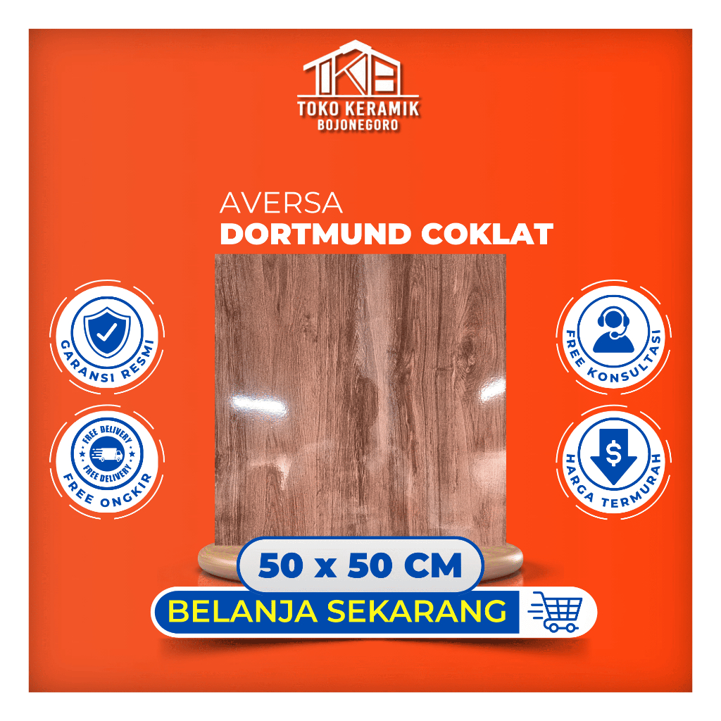 Keramik Lantai Glossy Halus Motif Serat Kayu 50x50 cm Aversa | Dortmund Coklat I