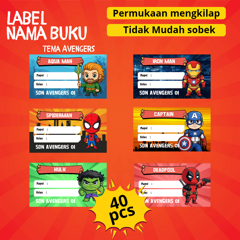 

Stiker Nama Mata Pelajaran Custom Tema Superhero Avengers | 40 pcs Stiker Buku Anak 7x4cm | Bahan Glossy Anti Air