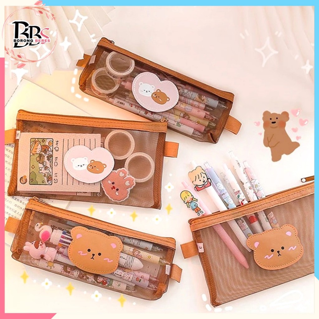 

BORES Tempat Pensil Zipper Coklat Motif Beruang Dompet Pensil Coklat Lucu Motif Bear Tempat Makeup Teddy Brown Model Jaring Transparan dan Multicolour Cute
