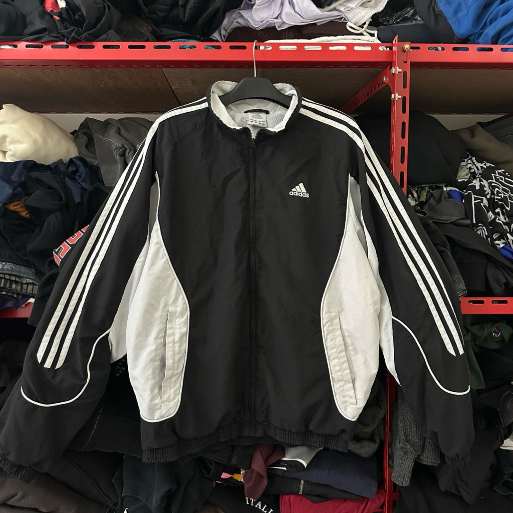 Jaket adidas 3 stripe vintage windbreaker colour block hitam putih like new rare item