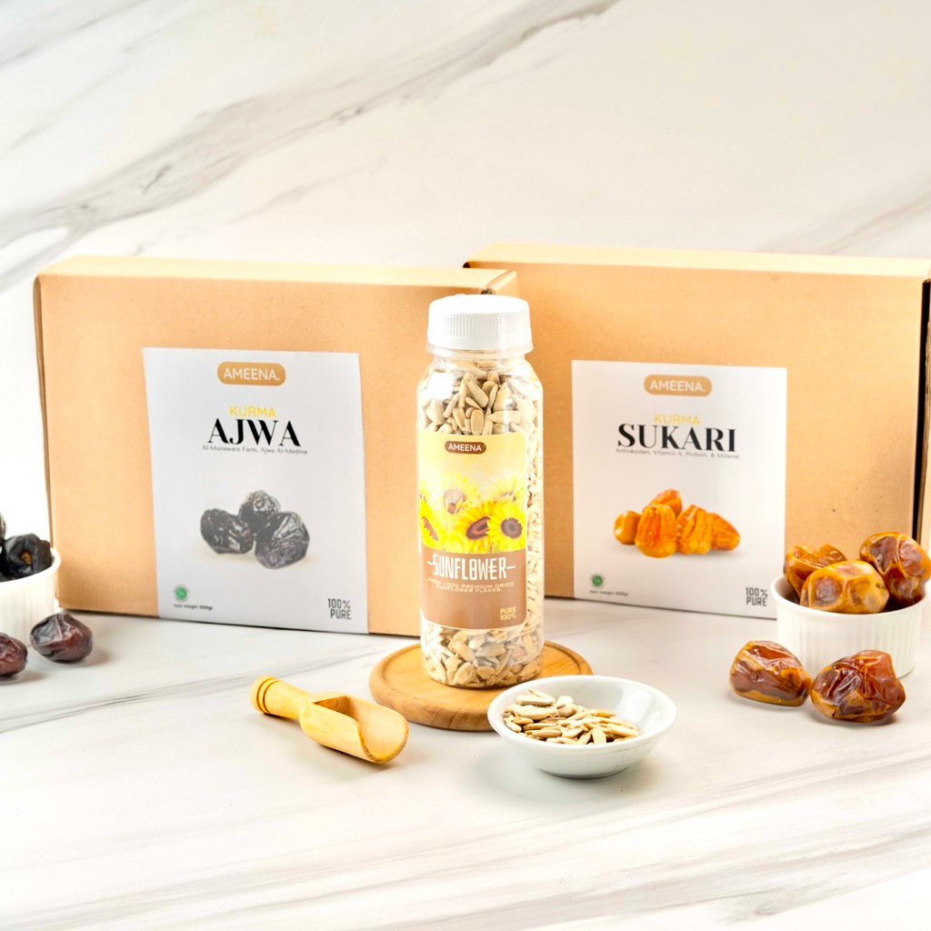 

[ TRIPLE BUNDLING ] Ajwa 1 KG Box , Sukari 1 KG Box, FREE Sunflower Seed 170GR | AAA07