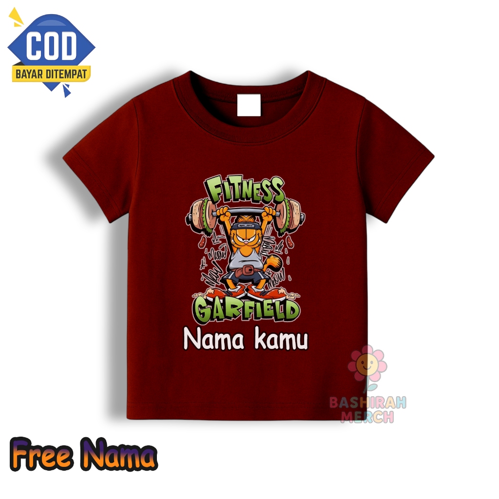 Tshirt kaos anak garfield fitness free nama / Kaos baju anak garfield kucing gratis tambah nama