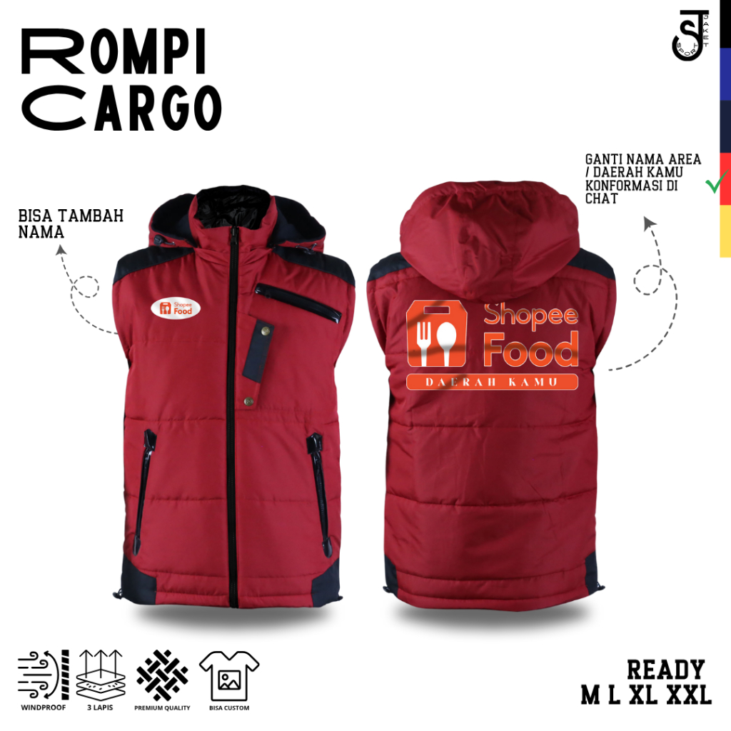 Jaket Rompi Driver Shopee Food Hoodie Dapat Dilepas Sablon dtf bisa ganti nama area free nama