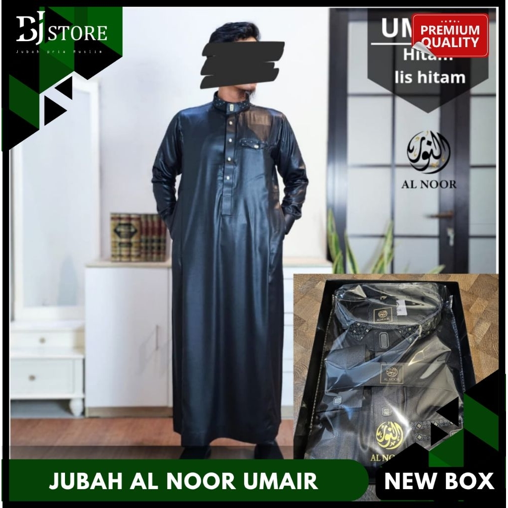Jubah Alnoor Dewasa UMAIR Hitam FREE BOX Premium/ Gamis Alnoor Poliester Lengan Manset / Gamis Pria 