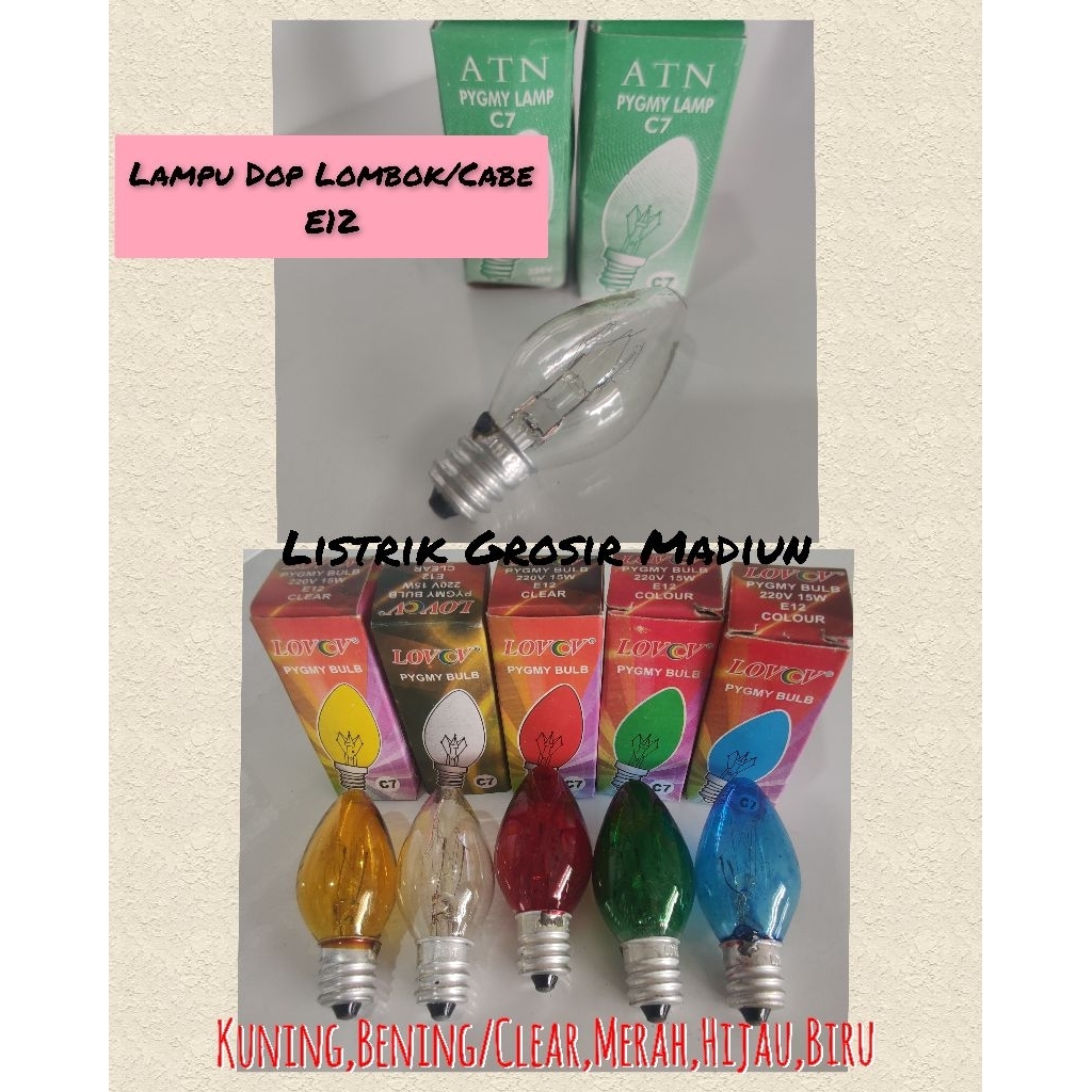 lampu lombok lampu cabe kecil E12 warna bening/clear,kuning,biru,merah,hijau