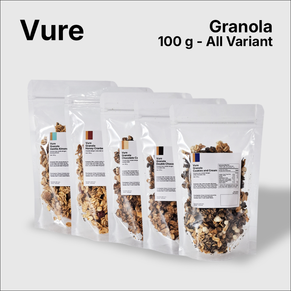 

Vure Granola All Variant (100 gr) Vanilla Almond, Honey Cranberry, Chocolate Cashew, Double Chocolate, Cookies and Cream