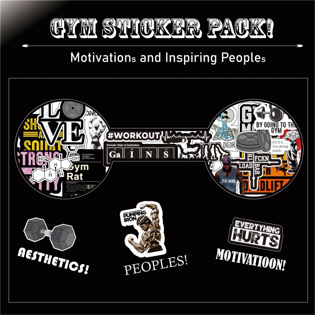 

Gym Pack Sticker untuk para GYM BRO'S dan GYM GIRL'S | 2 variasi | Sticker Vinyl, anti air | Motivasi, aesthetic/estetik cocok untuk dekorasi hp, gitar, helm, gym belt, shaker, botol minum dll.