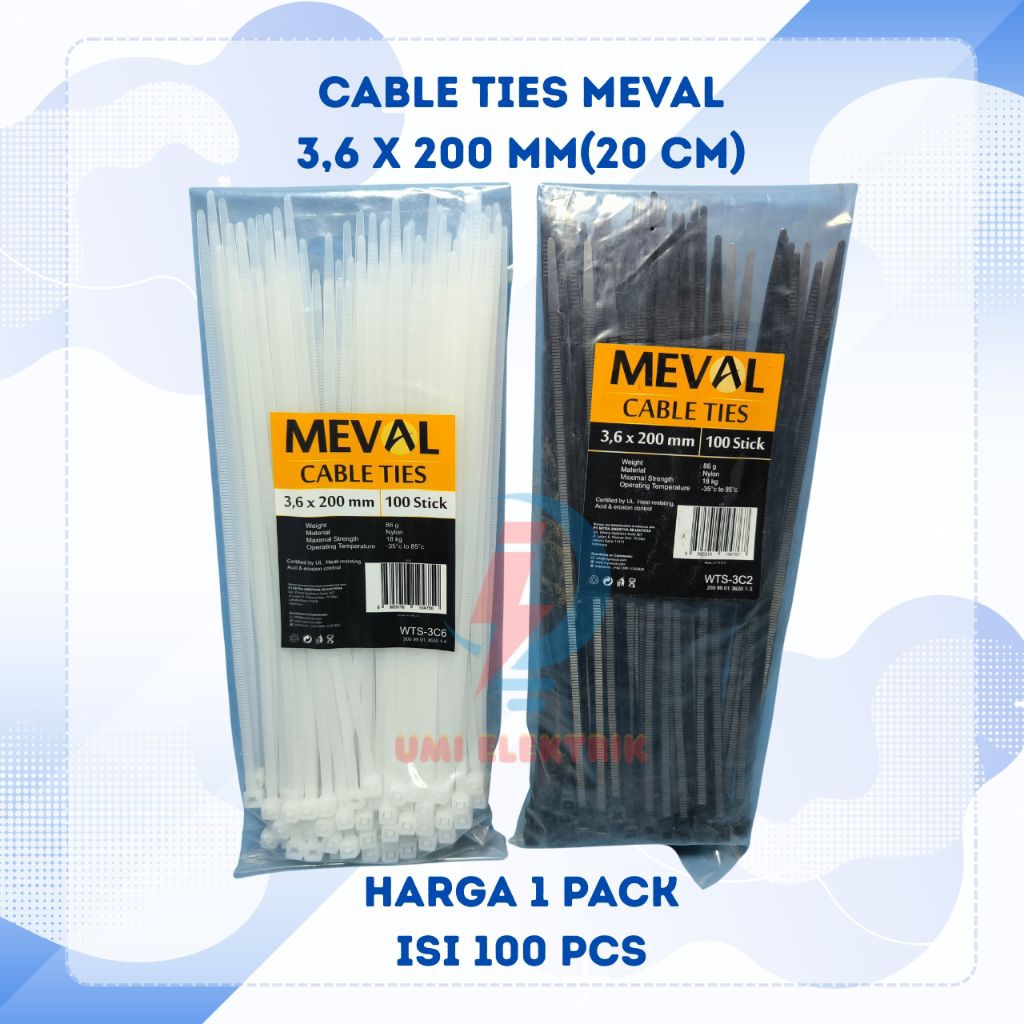 

kabel ties/cable ties MEVAL 3,6x200mm hitam dan putih