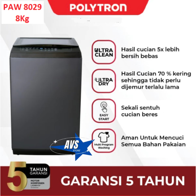 POLYTRON MESIN CUCI 1 TABUNG OTOMATIS KAPASITAS 8KG PAW 8029Y