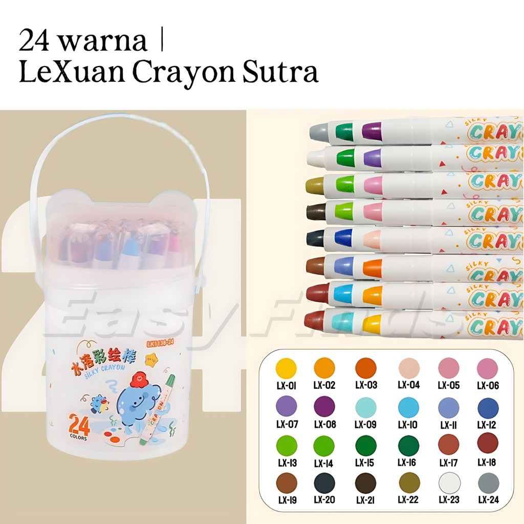 

【Free Brush】 Ready Stock LeXuan Crayon Sutra Putar Washable Silky Crayon 24 Warna Colorful Bucket Krayon Mewarnai Alat Warna Set Anak Wipe and Clean kuailiwen