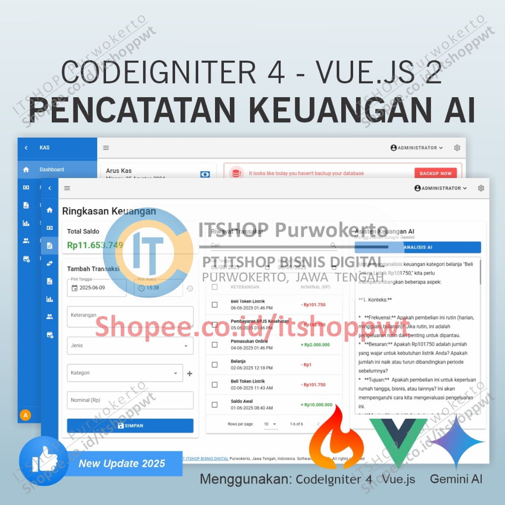 Source Code Aplikasi Web Pencatatan Kas Cashflow menggunakan Codeigniter 4 CI4 MySQL Vuejs