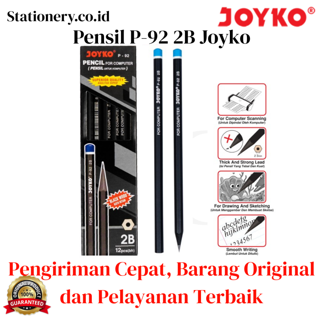 

Pensil Joyko 2B P-92 Black Wood 1 Pak isi 12 Pcs / Pensil Kayu Ujian
